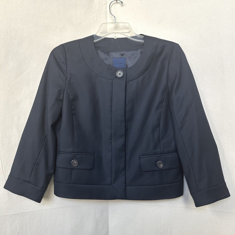 J.Crew Preppy Academia Navy Blue 100% Wool Cropped Collarless Jacket Sz 2 2009